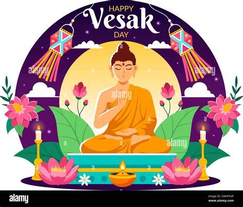 Vesak Day Celebration Vector Illustration With Temple Silhouette Lotus