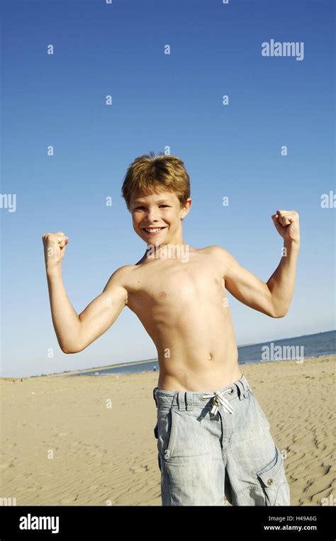 Boy Beach Gesture Muscles Force Starch Half Portrait Vacation Leisure Time Holidays