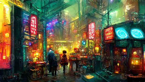 Streets Of Cyberpunk City Colorful City Lights Neon Signs Futuristic