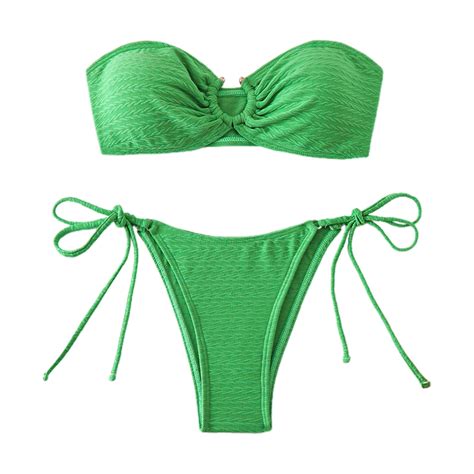 Weloijevbe Women S Bandeau Bikini Set O Ring Strapless Swimsuit Tie Side Swimwear Halter Two