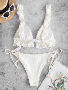 ZAFUL Ribbed Ruffle Tie Side Bikini Swimwear In WHITE ZAFUL 2025