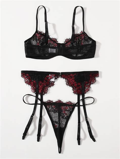 Floral Lingerie Women S Underwear Fancy Transparent Bra Brief Set With Garters Embroidery Sexy