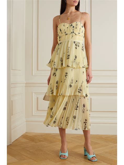Self Portrait Tiered Floral Print Chiffon Midi Dress In Light Yellow