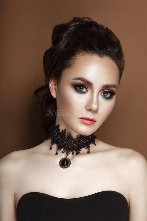 High Fashion Beauty Model Girl With Collected Brunette Hair Black Corset And Lace Necklace Stock