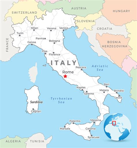 Italy map with capital Rome, most important cities and national borders