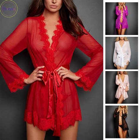 Womens See Through Nightwear Lingerie Robe Sexy Plus Size Lace Dressing Gown Set Shopee Singapore