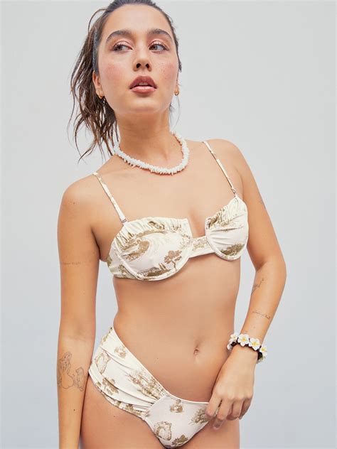 U Neckline Toile De Jouy Bowknot Ruched Bikini Top Cider