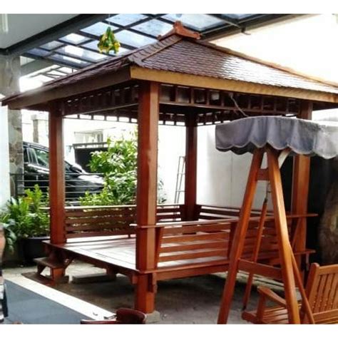 jual gazebo kayu jati tiang model segi  atap sirap kayu ulin finishing