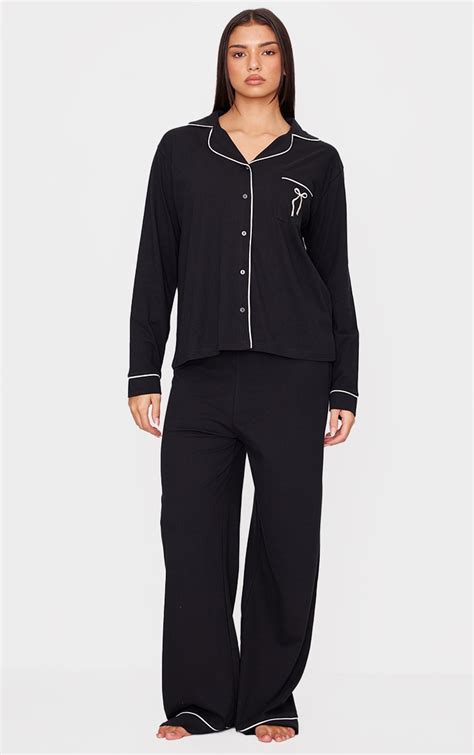 Ensemble De Pyjama Long En Noir À Liserés Contrastants Et Noeud Brodé Lingerie Pyjamas