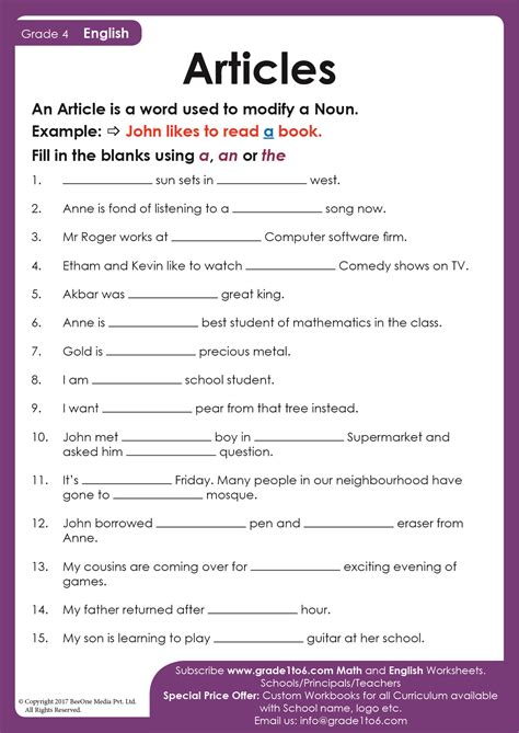 Articles Worksheet For Class 4