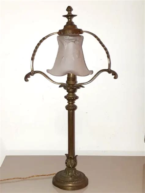 LAMPE ART NOUVEAU Deco Bronze Superbe Tulipe Verre Gravé Aux Liserons