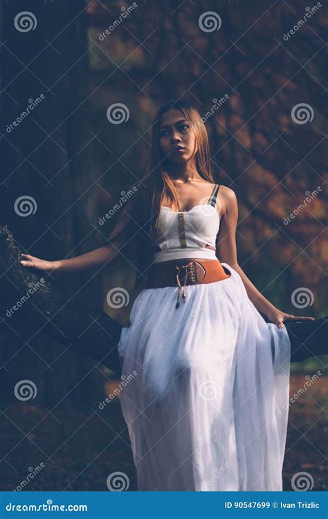 Portrait Of Beautiful Wiccan Girl In The Dark Forest Stock Image