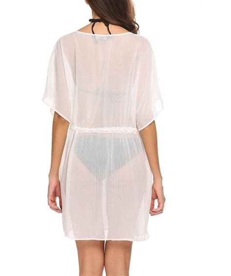 Women Sexy Sheer Batwing Sleeve Drawstring Chiffon Cardigan Beach Swimsuit Bikini Cover Up Off