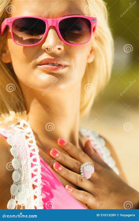 Beautiful Blonde Girl In Sunglasses Outdoor Stock Image Image Of Sand Sunbathing