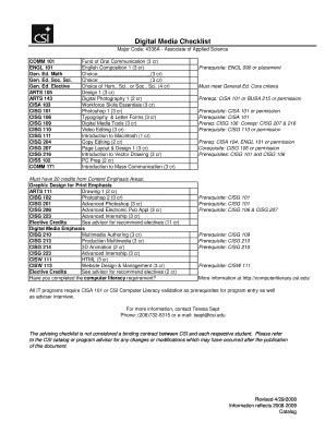 Fillable Online Advising Csi Digital Media Checklist Major Code A