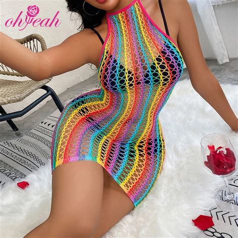 New Style Hollow Out Halter Backless See Through Fishnet Bodystocking Dress Sexy Lingerie Sexy