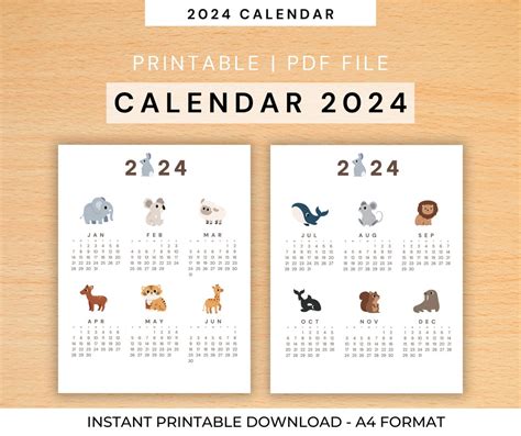 Printable Animals 2024 Calendar for Kids Digital Download and Printable, Fun Design, Instantly ...