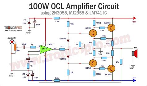 OCL Amplifier Circuit Diagram using 2N3055 LM741 - TRONICSpro