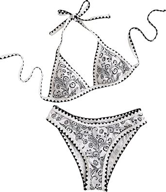 Amazon Shenhe Women S Piece Bikini Set Swimsuit Floral Colorblock Halter Triangle Tie