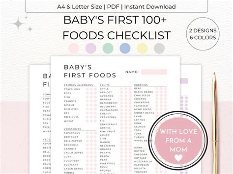 Baby S FIRST FOOD Checklist Printable Baby First 100 Foods Baby Food