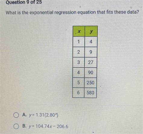 Question 9 Of 25 What Is The Exponential Regression Equation That Fits These Data A Y 1