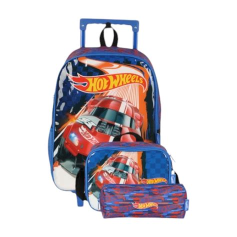 Mochila Escolar Rodinha Lancheira Estojo Hot Wheels Meninos Lika Bijuterias