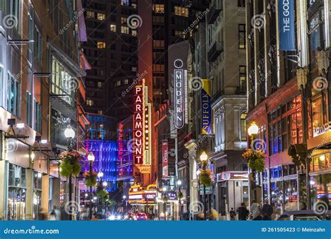 View To Famous Historic Theater District In Boston By Night Editorial