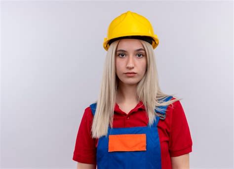 S Rieusement La Jeune Fille Blonde Ing Nieur Constructeur En Uniforme La Recherche Sur Un