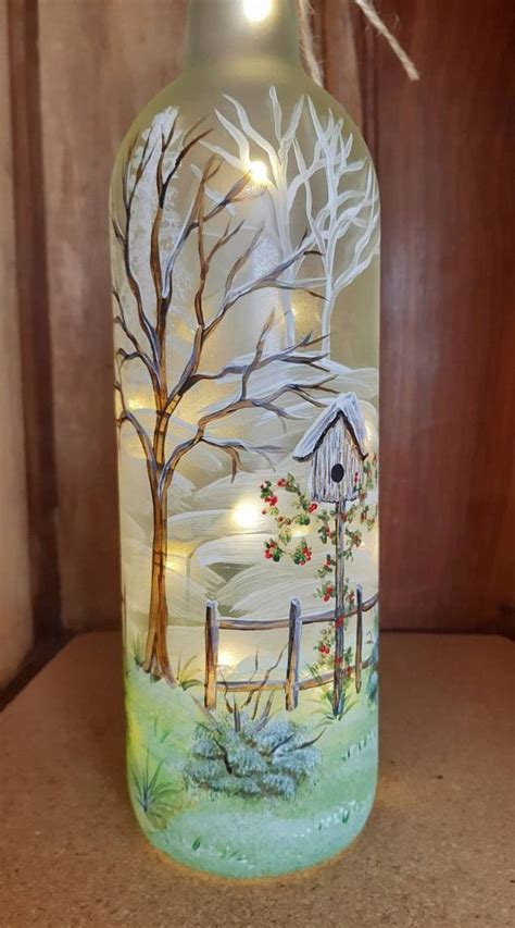 Light Up Hand Painted Upcycled Wine Bottle Lamp Winter Etsy