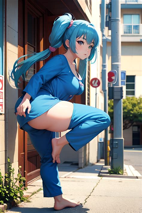 Anime Chubby Small Tits 70s Age Serious Face Blue Hair Pigtails Hair Style Light Skin 3d Street