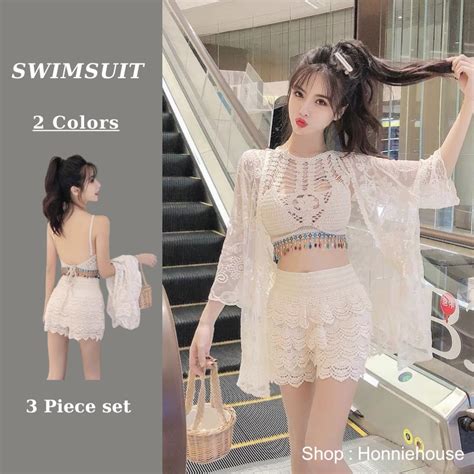 Hh Ship Lace Beach Bikini Set Piece Bra With Beaded Camisole Mixed With Layered Shorts With