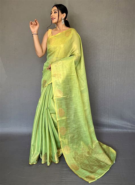 Shop Light Green Tissue Silk Jacquard Zari Woven Work Saree Festive Wear Online At Best Price