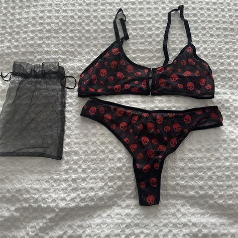 Skull Black And Red Mesh Lingerie Set Brand New Size Depop