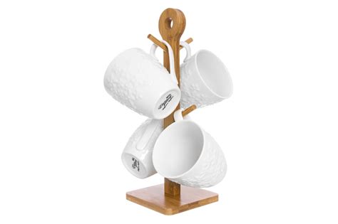 Набор 4 кружек 350 мл 20*20*31 см Цветочки на дерев. подставке с ручкой ...