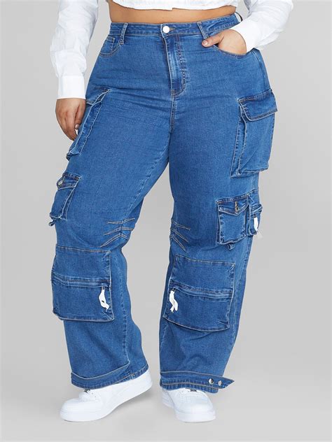 Plus Size High Rise Straight Leg Denim Cargo Jeans Fashion To Figure