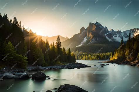 Premium AI Image | a sunrise with a mountain in the background