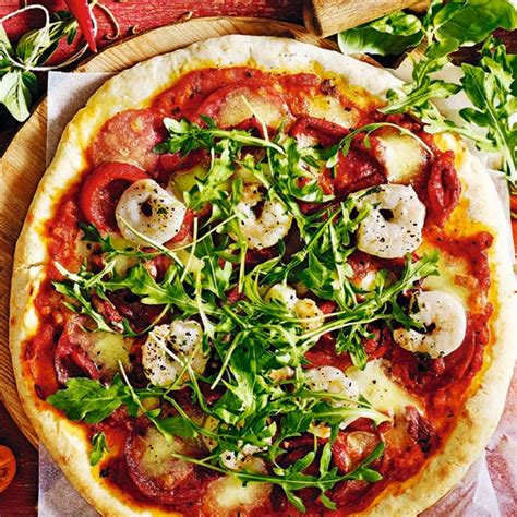 Quick Salami Roasted Pepper And Prawn Cheats Pizza Healthy Recipe