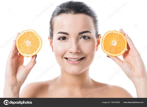 Smiling Attractive Naked Girl Clean Skin Holding Orange Halves Isolated Stock Photo