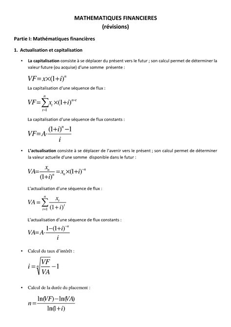 Math Matiques Financi Res L S R Visions Des Formules Partie