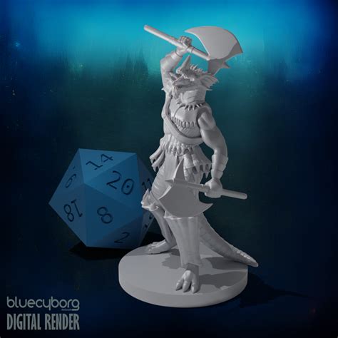 Blue Dragonborn Barbarian Two Axes 28mm Scale Miniature For Dandd