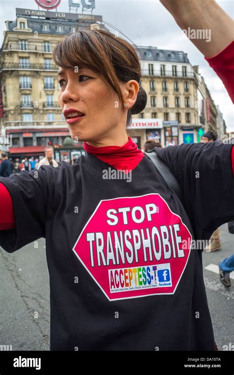 Paris France Transgender Woman Holding Protest Sign In Annual Gay Pride Parade Oui Oui Oui