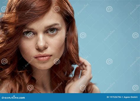 Beautiful Woman Curly Long Hair Smooth Hairstyle Naked Shoulders Cosmetics Care Blue Background