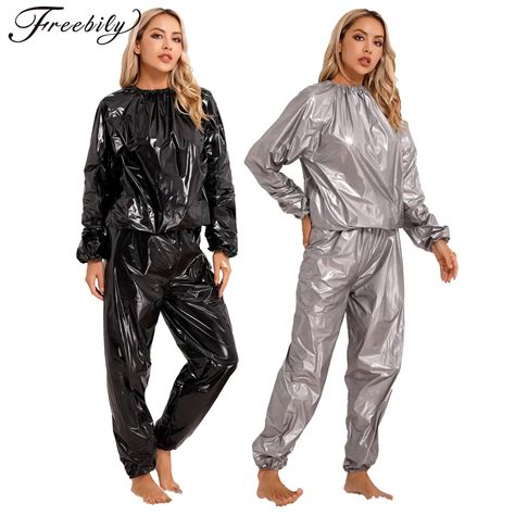 Mens Womens Sweat Sauna Suit Long Sleeve Pvc Tops Pants Set Weight Loss