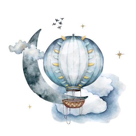 Ship With Hot Air Balloon In The Clouds Under The Moon And Birds Watercolor Illustration Good