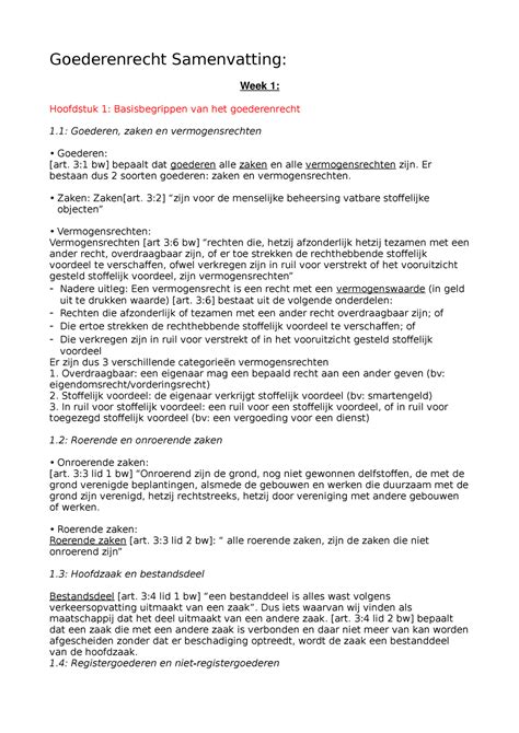 Sv Goederenrecht Goederenrecht Samenvatting Week Hoofdstuk