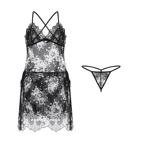 Sexy Women Temptation Lingerie Pajamas Crotchless Panties Thong Suit Lace Skirt Black Slit