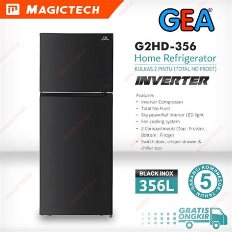 Jual KULKAS GEA 2 PINTU G2HD 356 INVERTER 356L BLACK INOX G2HD356