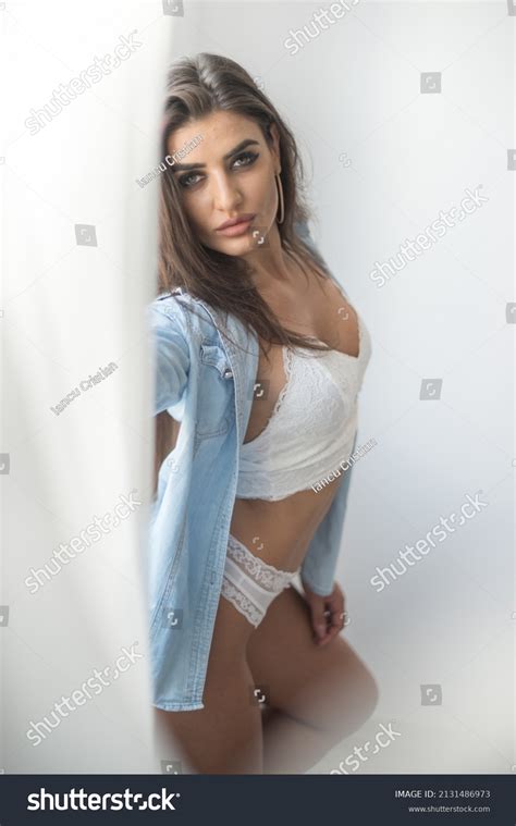 Attractive Sexy Brunette White Lingerie Denim Stock Photo Shutterstock