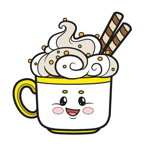 Large Cute Ceramic Cup Of Hot Drink With Whipped Cream And Waffle Rolls