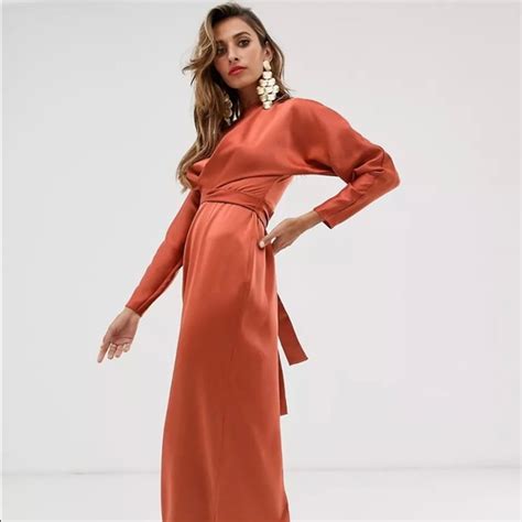 Asos Dresses Asos Design Satin Maxi Dress With Batwing Sleeve And Wrap Waist Poshmark